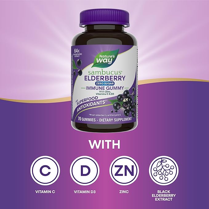 Nature’s Way Sambucus Zero Sugar Immune Gummies Daily Immune Support* Black Elderberry Extract Vitamin C Vitamin D3 Zinc Sugar Free Sugar Alcohol Free Plant-Based Sweeteners 70 Gummies