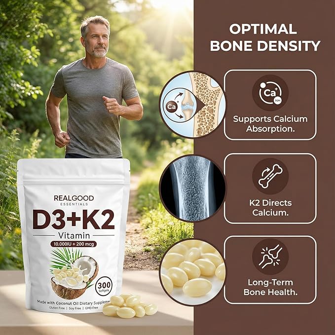 Real Good Essentials Vitamin D3 K2 D3 K2 Vitamin 10000 Iu Extra Strength 2-In-1 D&ampK Complex with Virgin Coconut Oil Free Of Gmo Gluten Soy Bone Health Supports Calcium Absorption 300 Softg