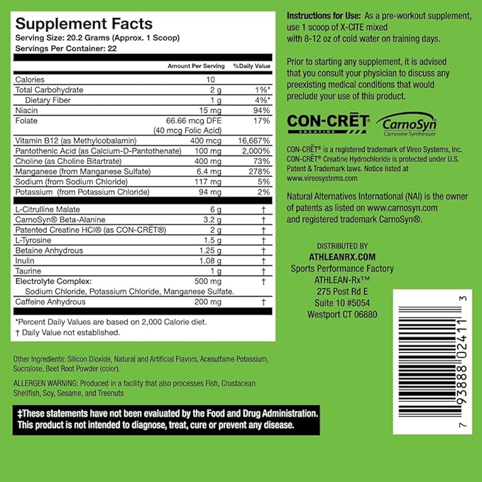 X-CITE Pre-Workout by ATHLEAN-X - Enhanced Formula with Beta-Alanine Creatine &amp Caffeine for Ultimate Energy Endurance Focus &amp Muscle Pump NSF Certified for Sports (Fruit Punch)