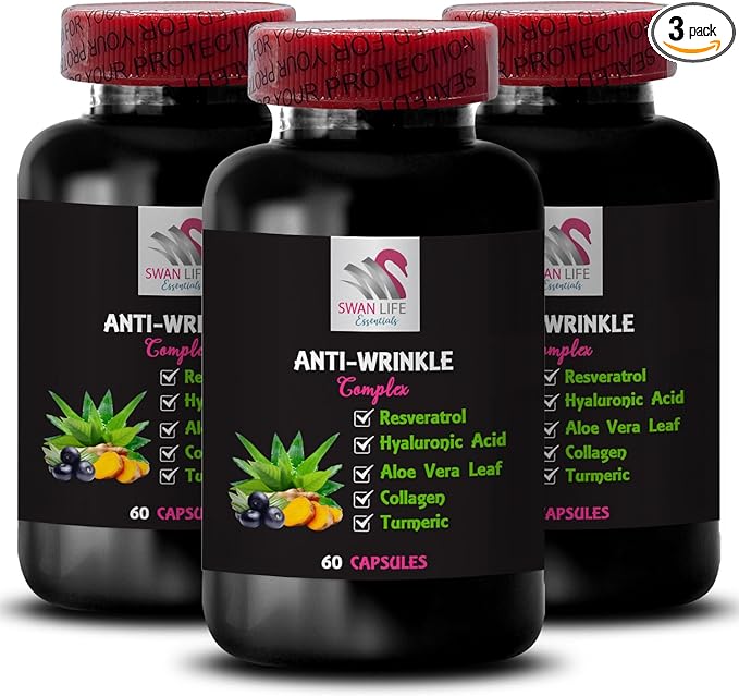 Green Coffee Bean - Anti-Wrinkle Complex - Aloe Vera Leaf Alpha Lipoic Acid Collagen Boost Lycopene L-Glutathione Grape Seed Turmeric Hydration Power Smooth Skin Finish 3 Bottles 180 Capsules