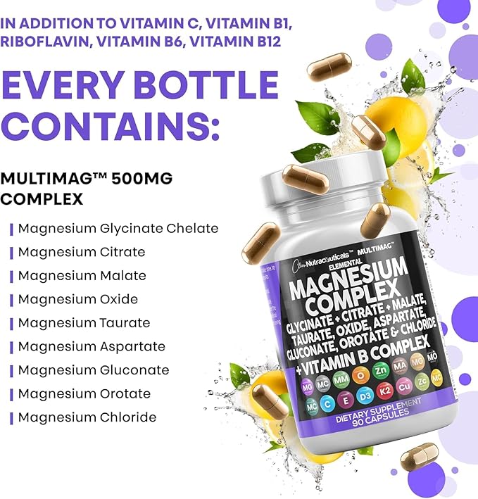 Clean Nutraceuticals Magnesium Complex with Magnesium Glycinate Citrate Malate Oxide Taurate Aspartate Orotate &amp Mag Chloride Zinc Copper Manganese (90 Count (Pack of 2))