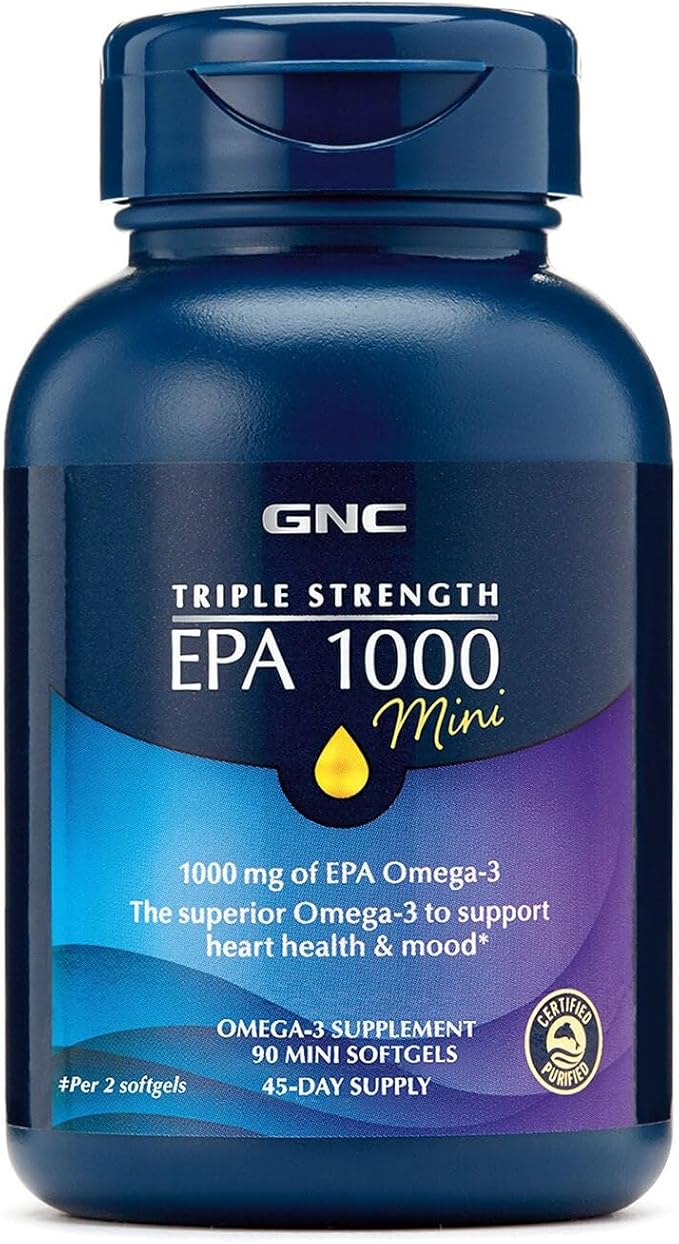 GNC Triple Strength Fish Oil EPA 1000 Mini 1000mg Omega 3 Mini Softgels Supports Eye Brain Skin Healthy Triglycerides Heart Joint Coated to Control Fishy Burps 45 Servings