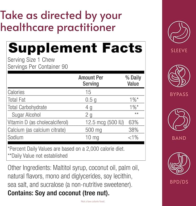 Bariatric Advantage Calcium Citrate Chewy Bites 500 mg - Highly Absorbable &amp Digestible - Vitamin D3 - Easily Chewable Calcium Supplement - Coconut Flavor - 90 Count