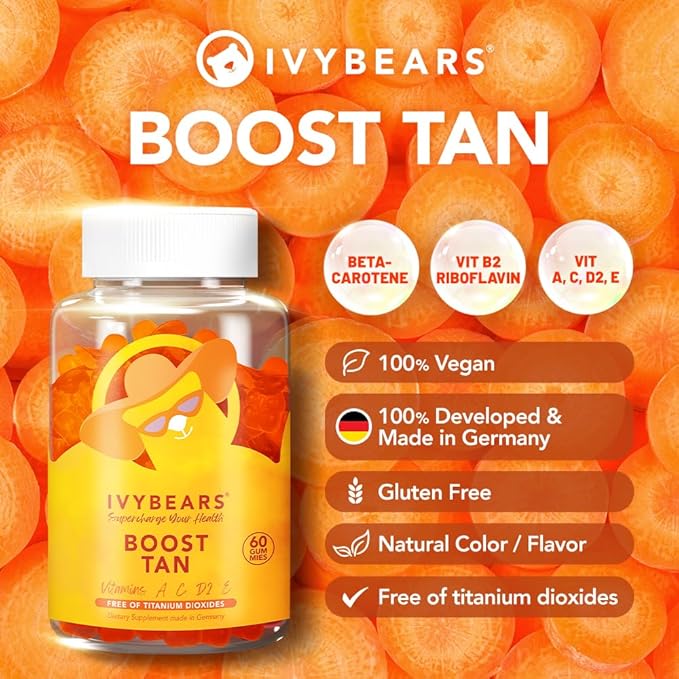 Glow Tanning Gummies - Beta Carotene Vitamin A C D2 &amp E - [AI Tanning Specialist ADA] Supports Healthy Tan &amp Glow - Vegan &amp Made in Germany - Pack of 60 - Boost Tan