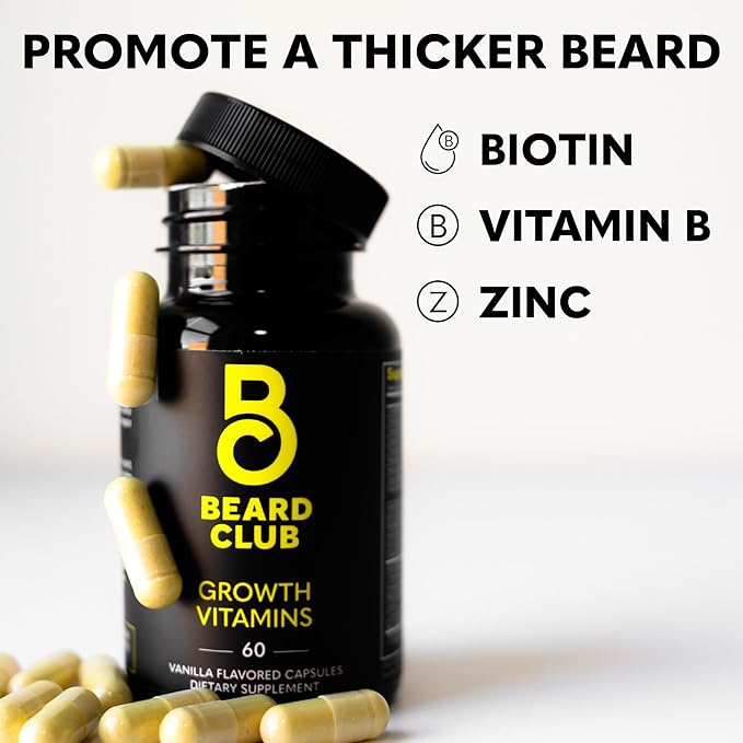 The Beard Club - Biotin Beard Growth Vitamins - Support A Thicker Fuller Beard Fill in Patches - Minerals &amp Multi-Vitamins Help Support and Stimulate Healthier Facial Hair Growth