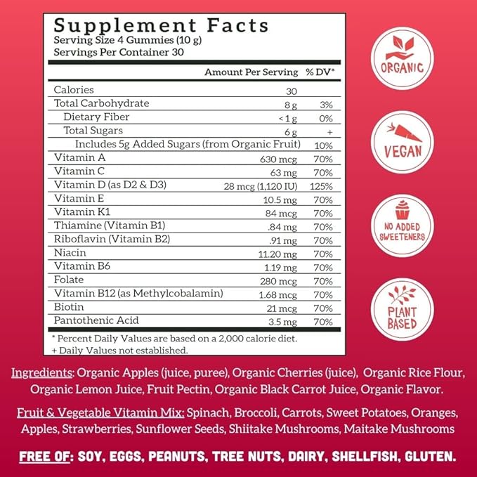 Llama Naturals Multivitamin for Women and Men Vegan Organic Gummies with Vitamin D C and K Adults Real Fruit Gummy Vitamins Chewable Multivitamin Supplement No Added Sugar Cane Cherry 120 Ct