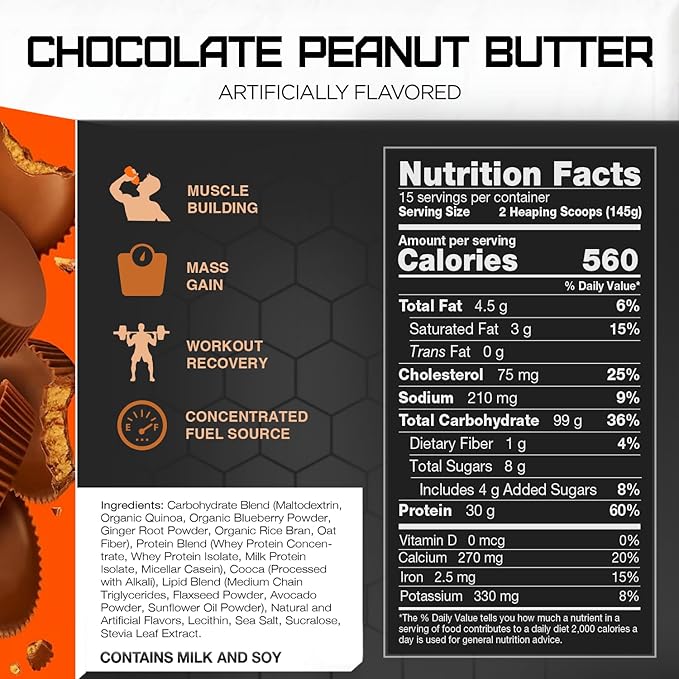 RIVAL NUTRITION Clean Gainer Protein Powder – 5LB Chocolate Peanut Butter – High Protein Lean Mass &amp Weight Gainer | 560 Calories 30g Protein 99g Multi-Source Carbs – 15 Servings