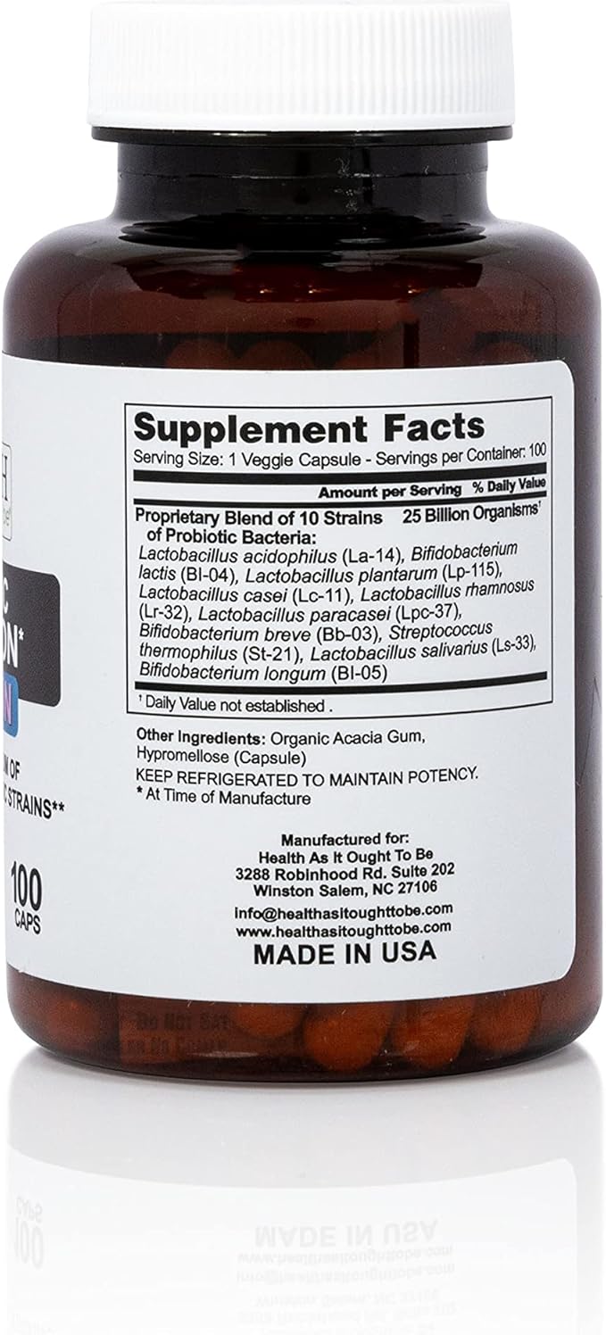 Health As It Ought To Be Probiotic (10 Strain) 25 Billion CFUs Supplement | Physician Formulated Balanced Spectrum of Acid|Resistant Probiotic Strains | 100 Veggie Caps