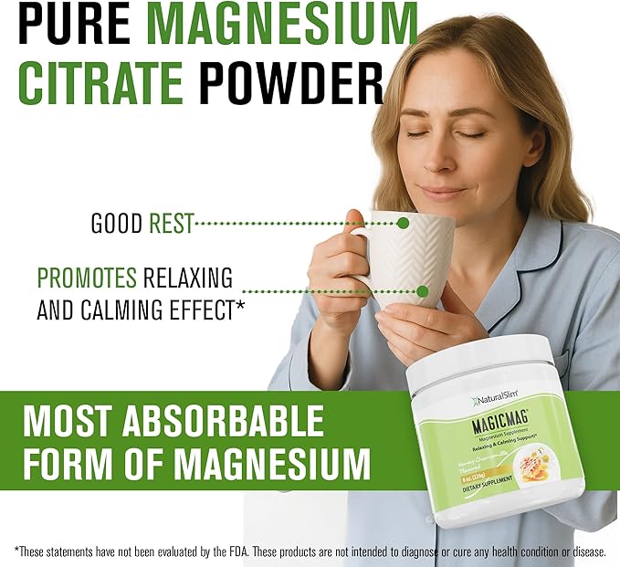 NaturalSlim Magicmag Pure Magnesium Citrate Powder Stress Constipation Muscle Heart Health and Sleep Support | Honey Chamomile Flavored Magnesium Supplement - 8oz Drink Mix (3 Pack)