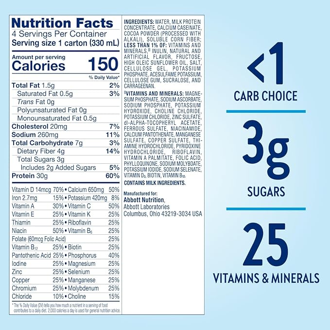 Glucerna Protein Smart Diabetes Care Shake Chocolate Diabetic Meal Replacement to Support Blood Sugar Management 30g Protein 150 Calories Ready to Drink 11-fl-oz Bottle 12 Pack