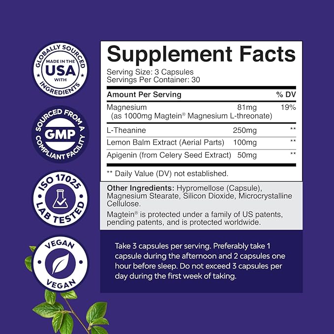 High Absorption Magnesium Sleep Supplement - Rest Support Magtein Magnesium L-Threonate and Apigenin Theanine for Sleep and Rest for Women &amp Men - Mg L-Threonate Melatonin Free Sleeping Aid - 90 C