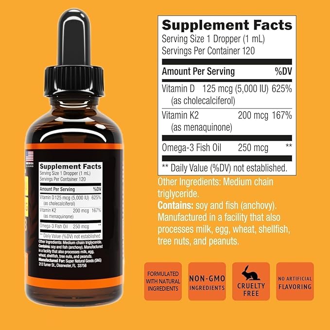 Vitamin D3 K2 Liquid Drops 5000 IU (4oz) Maximum Strength Vitamin D K MCT Oil &amp Omega 3 Bone Heart Joint Muscle Support Supplement. Fast Absorption Formula. 4 in 1 Complex Formula Non-GMO