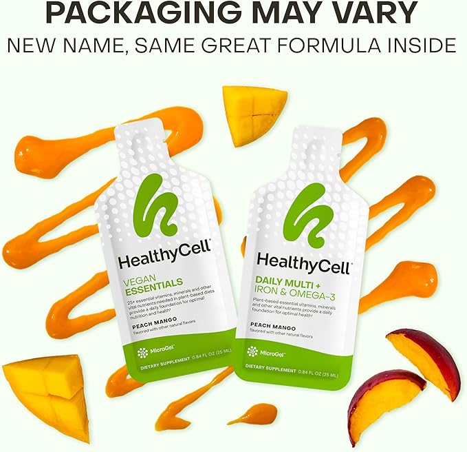 Healthycell Vegan Daily Multivitamin Liquid Supplement with Iron and Omega-3 25+ Essential Vitamins Minerals &amp Nutrients for Brain &amp Heart Health Immune Support &amp Energy - 30 Gel Packs