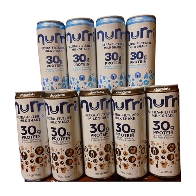 5-Chocolate and 4-Vanilla-nurri. Ultra-Filtered Milk Shake 30g Protein 1g Sugar 150 Calories 10 Vitamins and Minerals Per Can | 9-11 Fl Oz Cans Per Package Grade A Lactose-Free