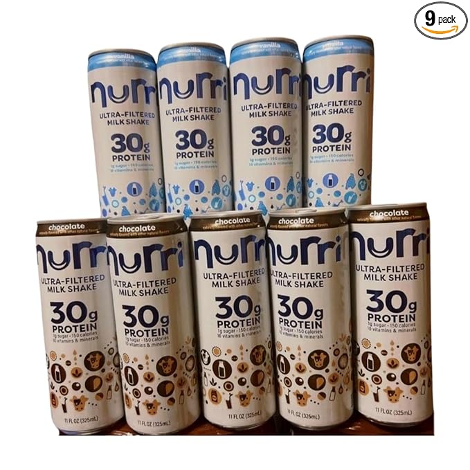 5-Chocolate and 4-Vanilla-nurri. Ultra-Filtered Milk Shake 30g Protein 1g Sugar 150 Calories 10 Vitamins and Minerals Per Can | 9-11 Fl Oz Cans Per Package Grade A Lactose-Free