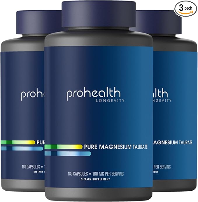 ProHealth Pure Magnesium Taurate 160mg per Serving | Optimal Bioavailability Supplement for Healthy Aging | Supports Brain Heart and Muscle Health | Third-Party Tested | 180 Capsules (3 Pack)