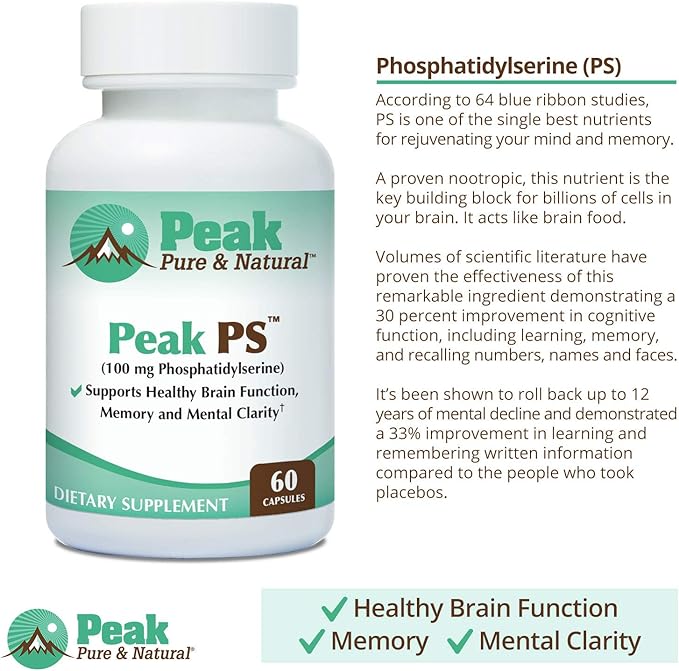 Peak Pure &amp Natural “Peak PS” Phosphatidylserine Brain Health Supplement - Soy-Free Nootropic for Memory Health - Supplement for Brain Health - 30 Count 100mg Softgels