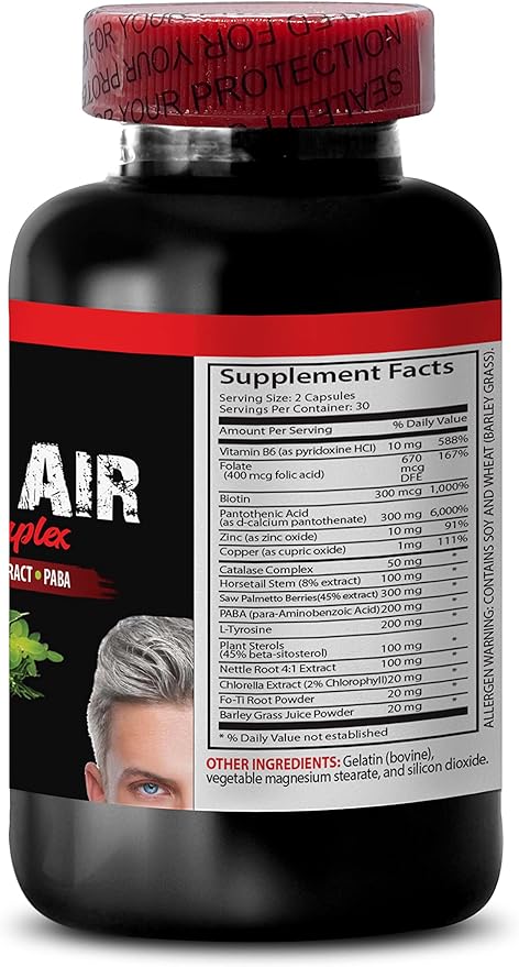Biotin - GRAY HAIR REVERSE COMPLEX - Catalase Complex Horsetail Aerial Saw Palmetto Berries PABA Stinging Nettle Root Fo-Ti Root Powder Barley Grass Juice Powder 2 Bottles 120 Capsules