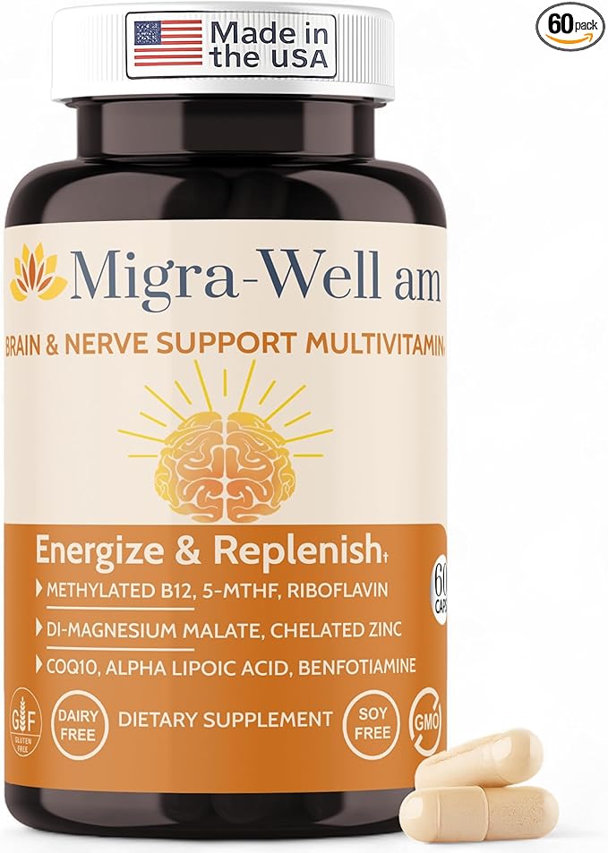 Migra-Well AM: Energizing Daily Methylated Multivitamin with Bioavailable Minerals &amp Antioxidants Supporting Brain &amp Nerve Health for Women and Men - Without Iron (60 Capsules)