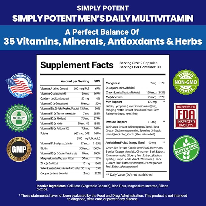 Simply Potent Daily Multivitamin for Men 35 Vitamins with Minerals &amp Antioxidant Vitamins A C D E Biotin B12 Folate Zinc Magnesium &amp Saw Palmetto for Energy Focus Immune &amp Prostate He