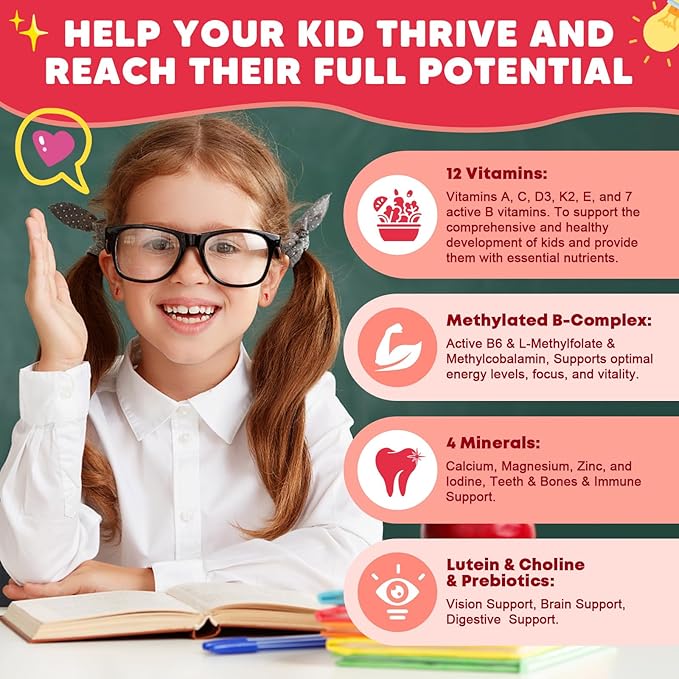 Sugar Free Calcium Multivitamin Gummies for Kids with Methyl B12 &amp Methylfolate Calcium Vitamins C D A B1 B2 B6 Biotin Magnesium Zinc with Nutritional Immune Bone Support 60 Ct