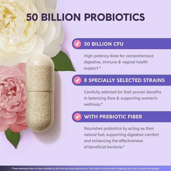 Probiotics for Women 50 Billion CFU - Vaginal Probiotics Clinically Proven for Yeast &amp pH Balance - Digestion &amp Bloating Relief - 8 Strains + Prebiotics - Delay Release - Made in USA 60 Capsu