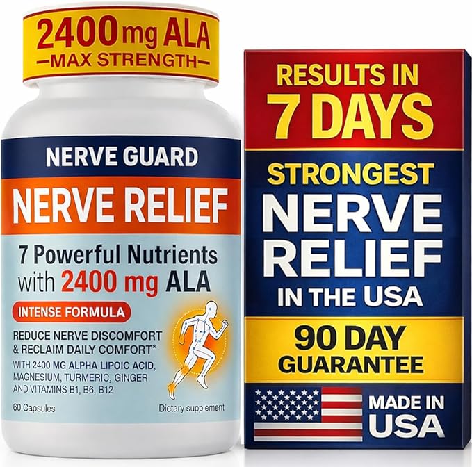 Nerve Relief Neuropathy Sciatica Support Supplement with 2400 mg Alpha Lipoic Acid to Reduce Nerve Discomfort in Feet Hands Toes &amp Feet – 2400mg ALA B Vitamins Magnesium Turmeric – 60 Capsules