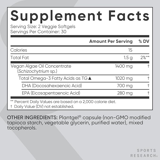 Sports Research® Vegan Supplements Pack - Vegan Omega-3 Fish Oil Alternative from Algae Oil + Vitamin D3 + K2 + CoQ10