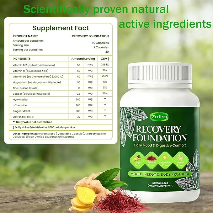 Zafira Recovery Foundation Capsules – Targets Mental Fog Stop Hair Loss &amp Fix Digestion | Non-GMO Saffron &amp Inositol Formula for Stress Relief – 60 Count