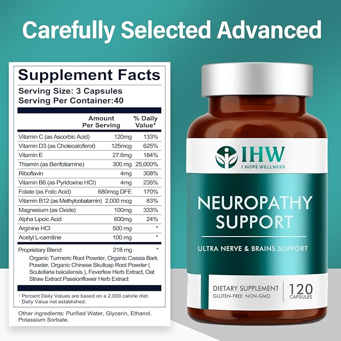 IHW Nerve Savior for Neuropathy 120 Capsules Neuropathy Supplements with 600 Mg Alpha Lipoic Acid &amp B Vitamins Fortifying Nerves in Fingers Hands Toes &amp Feet Peripheral Relief Support