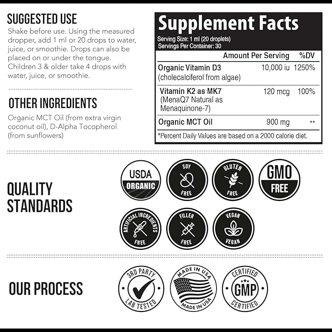 Organic Plant D3 K2 vitamin 10000 iu - All-Trans MK7 from MenaQ7 (120 mcg K2) - 100% Organic &amp Plant-Based Sublingual D3 Drops 10000 iu (Cholecalciferol) 100% Vegan - Supports Immunity Bone Br