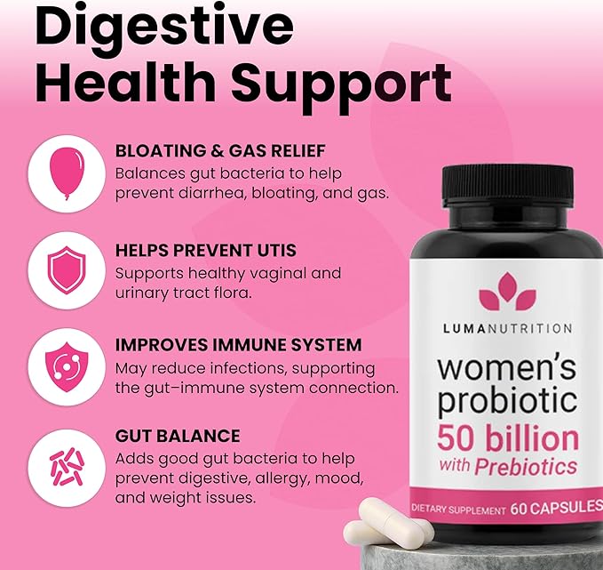 Luma Nutrition Probiotics for Women with Prebiotics - 50 Billion CFU - Formulated for Digestive Immune &amp Feminine Support - 60 Capsules