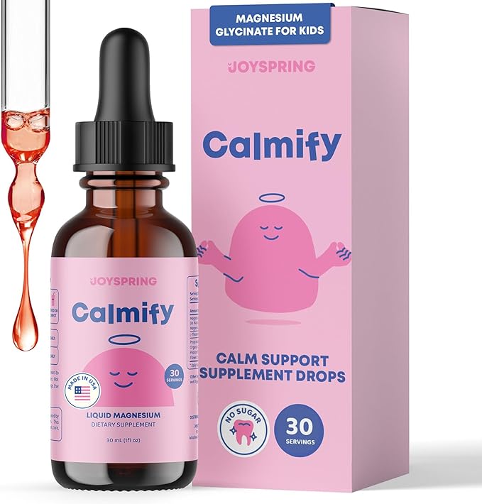 JoySpring Calmify Magnesium Glycinate for Kids | Liquid Magnesium with L-Theanine Supplement | Chamomile Extract &amp Passion Flower Extract | Sugar-Free Calm Drops | 1 fl oz (30 Servings)