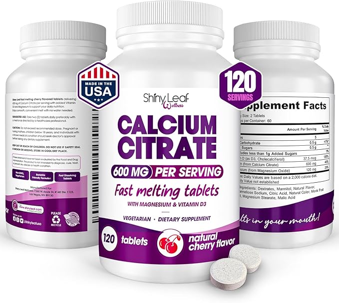 Fast Melting Calcium Citrate 600mg with Vitamin D3 and Magnesium - 120 Ct x 2 Pack Smooth Dissolving Cherry Flavor Tablets Non-Chalky Bariatric Calcium for Post Surgery