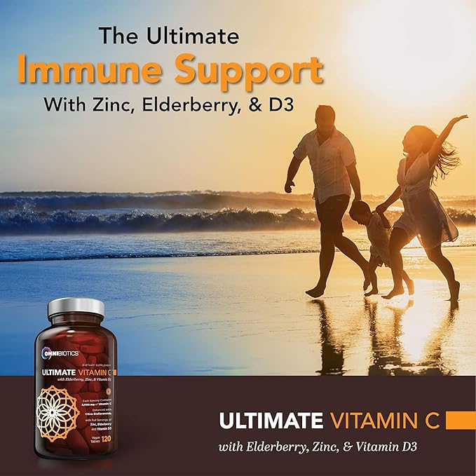OmniBiotics Ultimate Vitamin C Supplement 2000mg – with Zinc Elderberry Extract and D3 – High Potency Immune Support &amp Collagen Booster – 120 Vegan Tablets