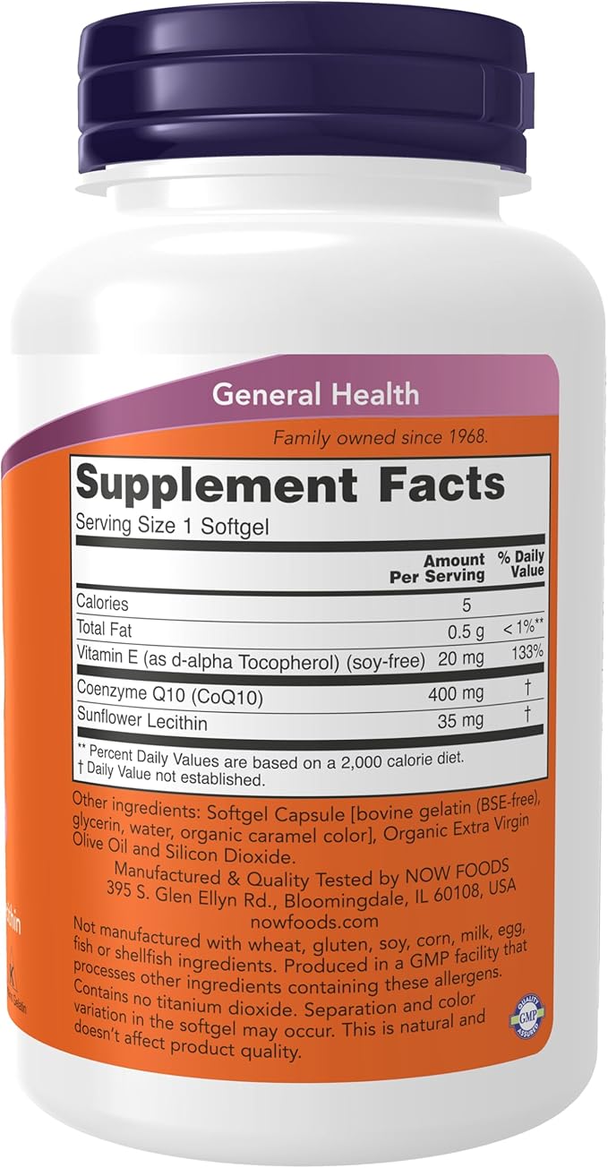 NOW Foods Supplements CoQ10 400 mg Pharmaceutical Grade All-Trans Form produced by Fermentation 60 Softgels