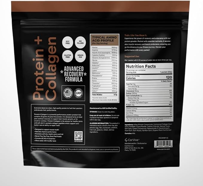 Protein + Collagen Powder | 23g Protein (Grass-Fed Whey + Collagen) | 3.7g BCAAs | Supports Muscle &amp Joint Health | Gluten &amp Soy Free | No Artificial Ingredients | 15 Sachets - Chocolate