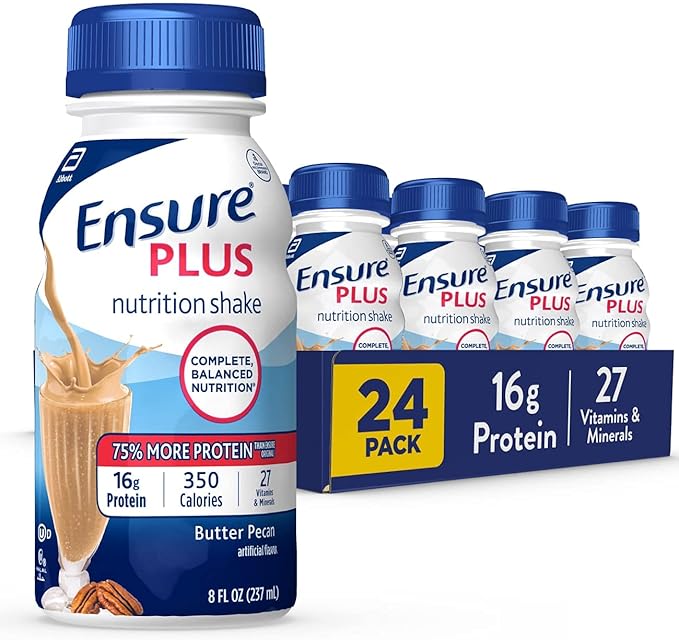 Ensure Plus Nutrition Shake with 16 grams of protein &amp Ensure Plus Liquid Nutrition Shake with Fiber 16 Grams of Protein Vanilla 8 Fl Oz Bottle (Pack of 24)