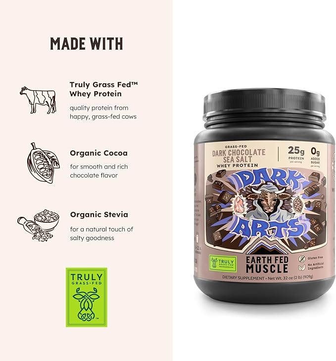 Earth Fed Muscle Dark Arts Grass Fed Truly Grass Fed Whey Protein Powder - No Artificial Ingredients Soy Free Gluten Free Non-GMO and Hormone Free (2 Pound 26 Servings Salted Chocolate)