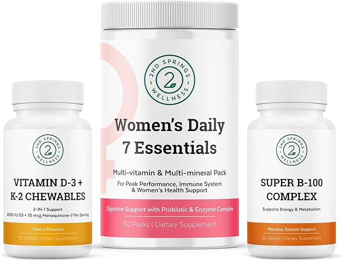 Women's Daily 7 Essentials Vitamin D3+K2 Chewables &amp Super B-100 Complex Bundle