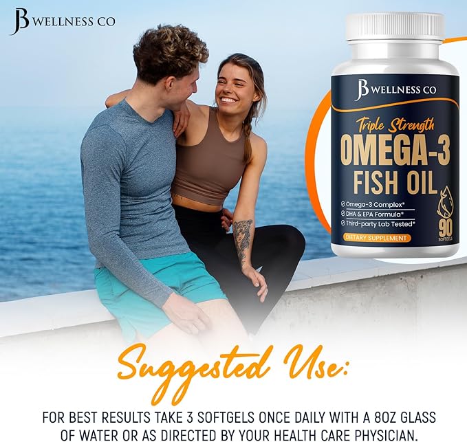 Triple Strength Omega 3 Fish Oil 3750 mg - EPA &amp DHA - Over 3000mg Omega-3 Fatty Acids - 1350mg EPA + 900mg DHA - Best Essential Fatty Acids Burpless Fish Oil - 90 Count