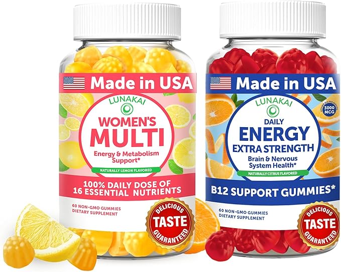 Lunakai USA Made Women’s Multi &amp Energy Gummies Bundle – 16 Essential Nutrients &amp B12 – 60 Ct Each