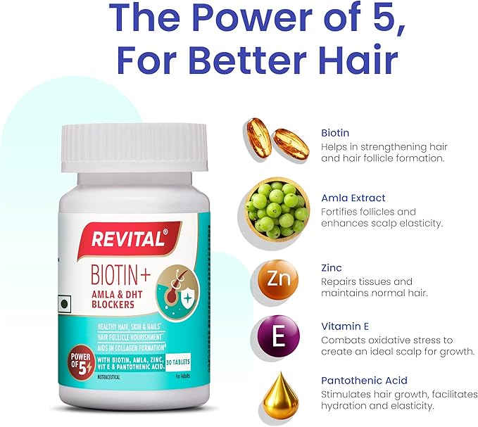 Revital Biotin+ with Amla and DHT Blockers for Hair Growth | Biotin Amla Zinc Vitamin E &amp Pantothenic Acid | Supports Hair Strength &amp Skin Health | 50 Tablets