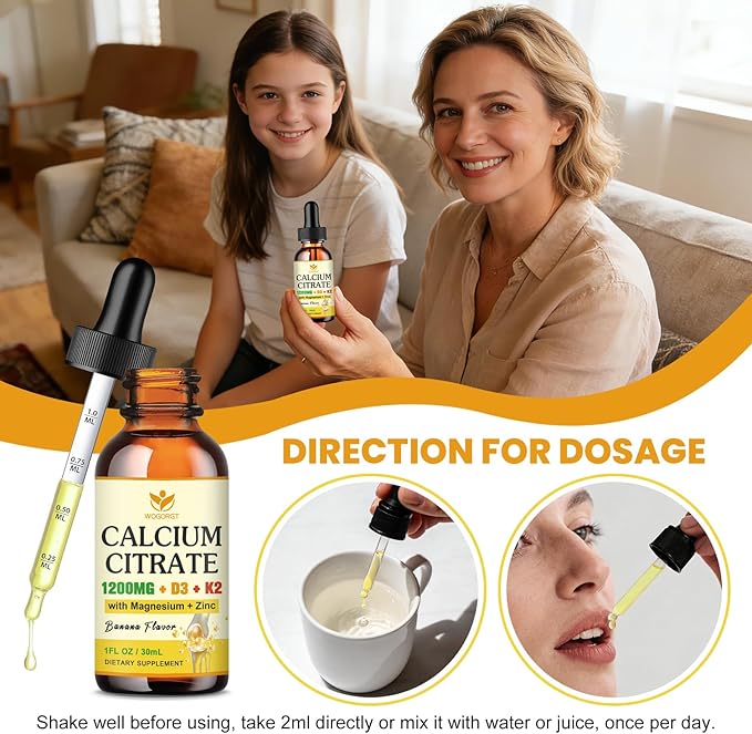 Calcium Citrate 1200mg Liquid Supplement with Vitamin D3 for Women &amp Men - Calcium Magnesium Zinc D3 K2 Supplement for Bone Teeth Immune Support - Sugar Free Vegan Banana Flavor - 1 Fl Oz (2 P