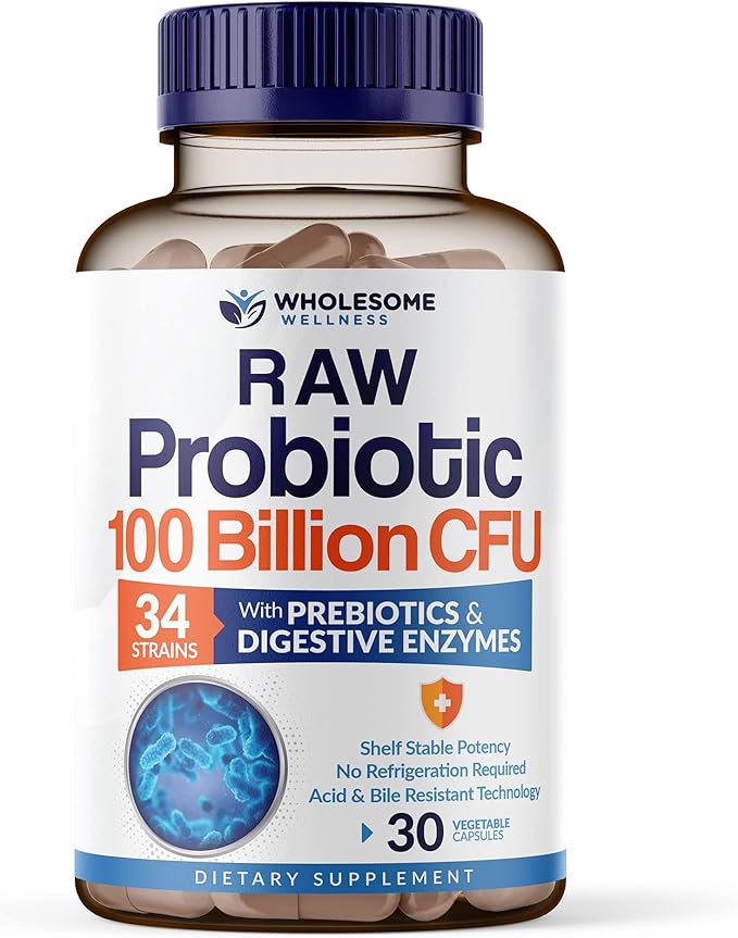 Wholesome Wellness Organic Raw Probiotics 100 Billion CFU Dr Formulated for Women and Men Complete Adult Supplement with Prebiotics and Digestive Enzymes 30 Capsules Shelf Stable