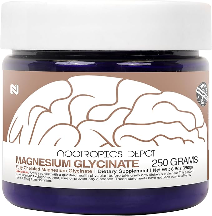Nootropics Depot Magnesium Glycinate Powder | 250 Grams | Mineral Supplement | Magnesium Supplement | Supports Heart Muscle Nerve and Bone Health
