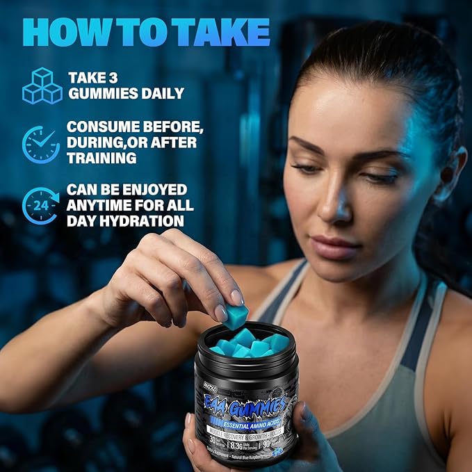 EAA Gummies - 2:1:1 BCAA Formula (8300mg) - Essential Amino Acids for Muscle Recovery &amp Endurance - Non-GMO Gluten Free Sugar Free Vegetarian Blue Raspberry Flavor - 90 Count