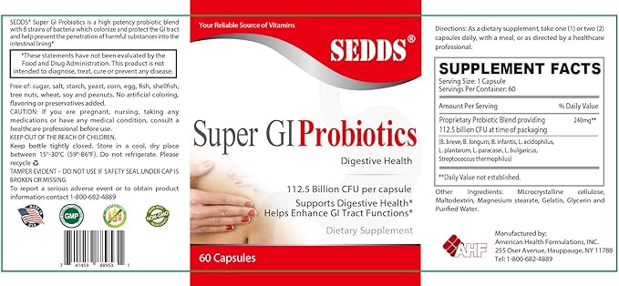 Super GI Probiotics 112.5 Billion CFU per Serving Supports Digestive Health &amp May Relieve Gastrointestinal Distress | Highest Potency 8 Strain Formula | 60 Capsules