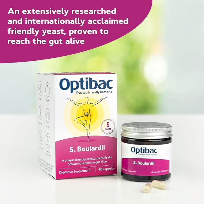 Optibac Saccharomyces Boulardii 80 Capsules | 5 Billion Live Cultures per Serving | Probiotic Yeast Supplement with S. Boulardii | Vegan Gluten Free &amp Shelf Stable | For Gut Flora &amp Digestive