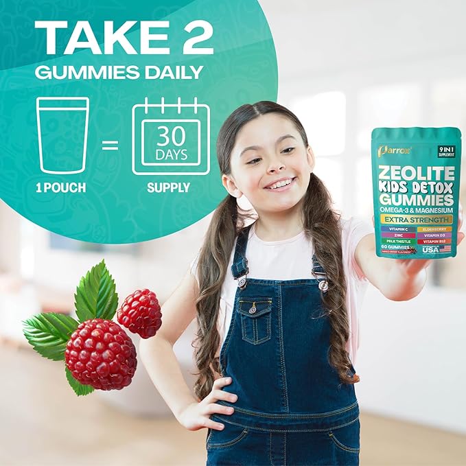 Zeolite Kids Gummies 9-in-1 with Zeolite Omega-3 Magnesium Elderberry Vitamin C Milk Thistle Vitamin D3 Zinc B12 – Sugar-Free (60 Gummies – Mixed Berry Flavor)
